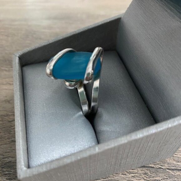 Azure Blue Beach Sea Glass Adjustable Silver RIng Sz 7 - Picture 4 of 10